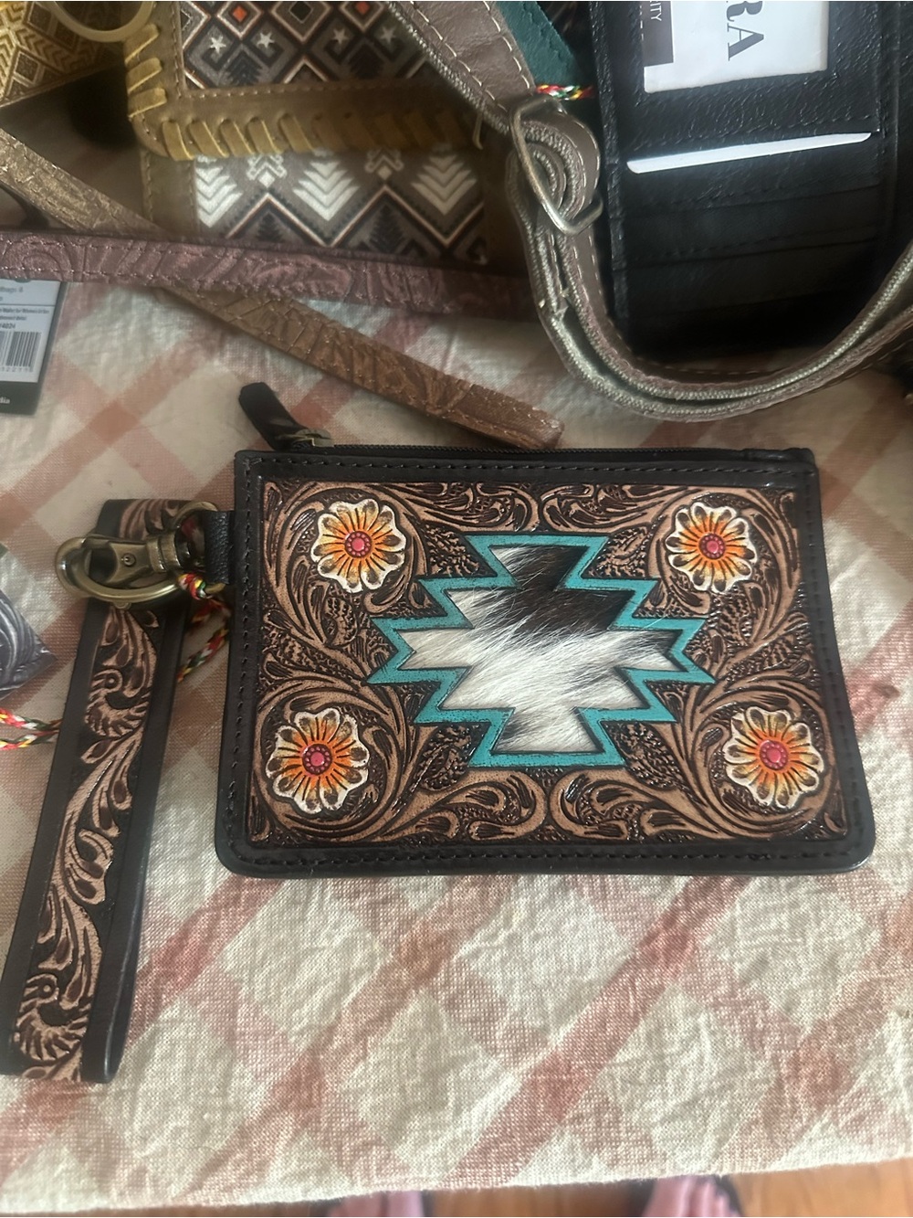 Myra Bag Turquoise, Brown & Cream Tooled Leather Card Holder Wristlet